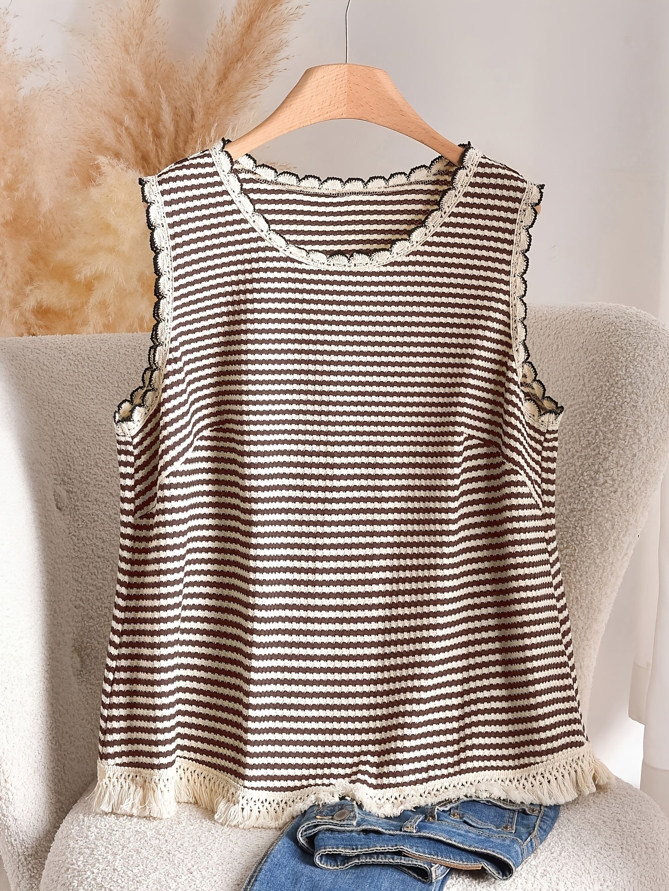 Damen Elegantes Strick-Tanktop mit Fransen und Streifen – Ideal für Frühling & Sommer