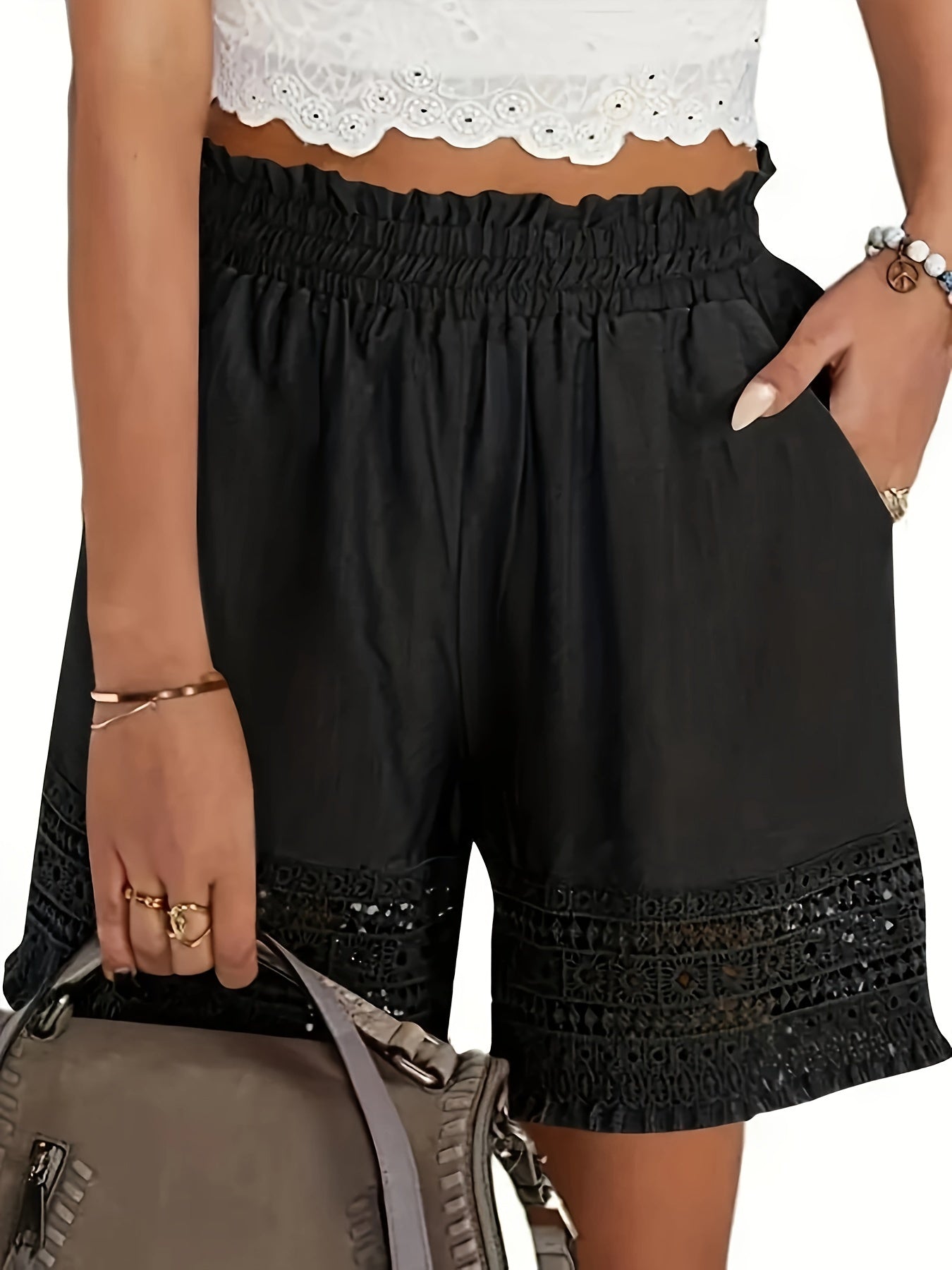 Damen Shorts im Boho-Stil mit Häkeleinsatz – Perfekt für Urlaub und Freizeit
