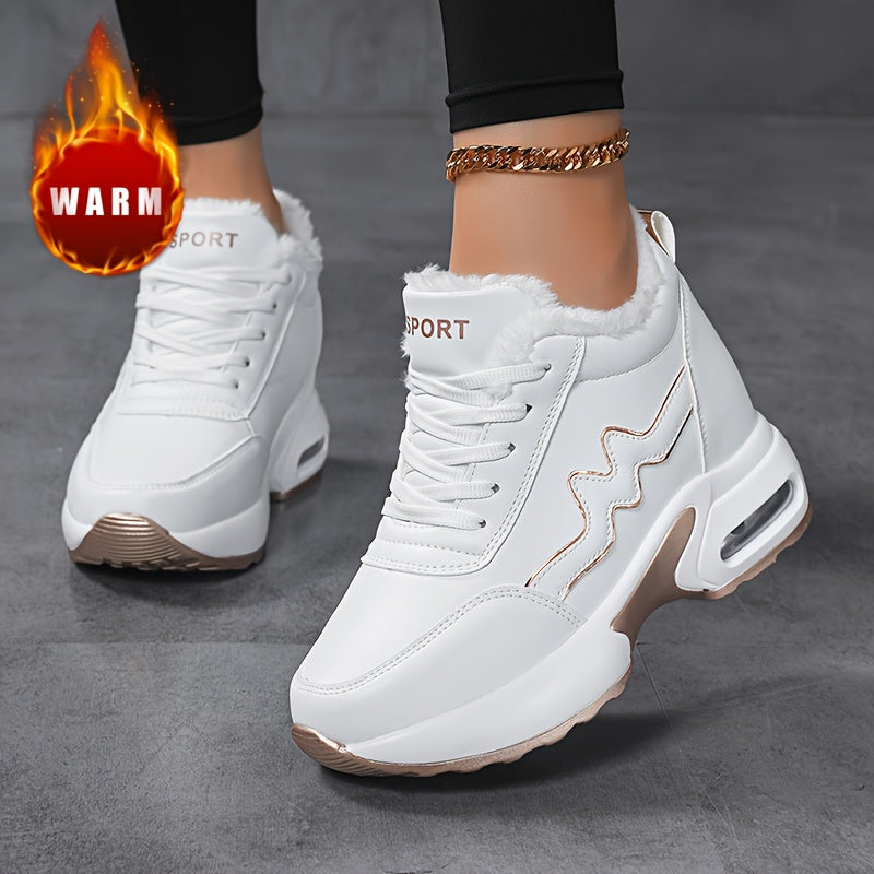 Damen Warme Plateau Sneaker Weiß mit Futter und Goldakzenten