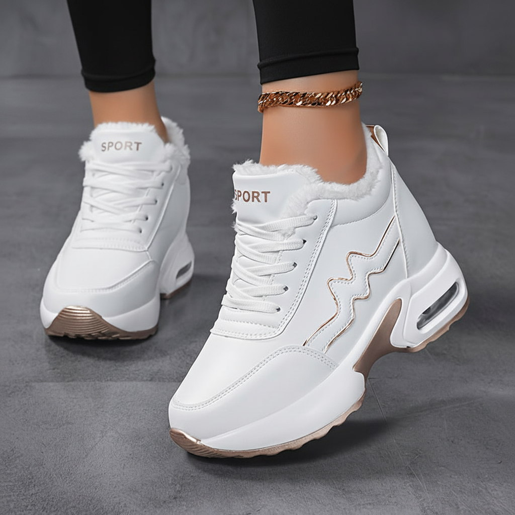 Damen Warme Plateau Sneaker Weiß mit Futter und Goldakzenten