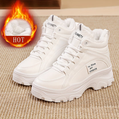 Damen Plateau Sneaker Stiefel Winter Weiß Beige Gefüttert Hoch Profilsohle
