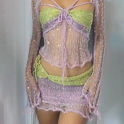 Extravagantes Damen-2-Teiler-Set mit Netzoptik für Festival & Clubwear