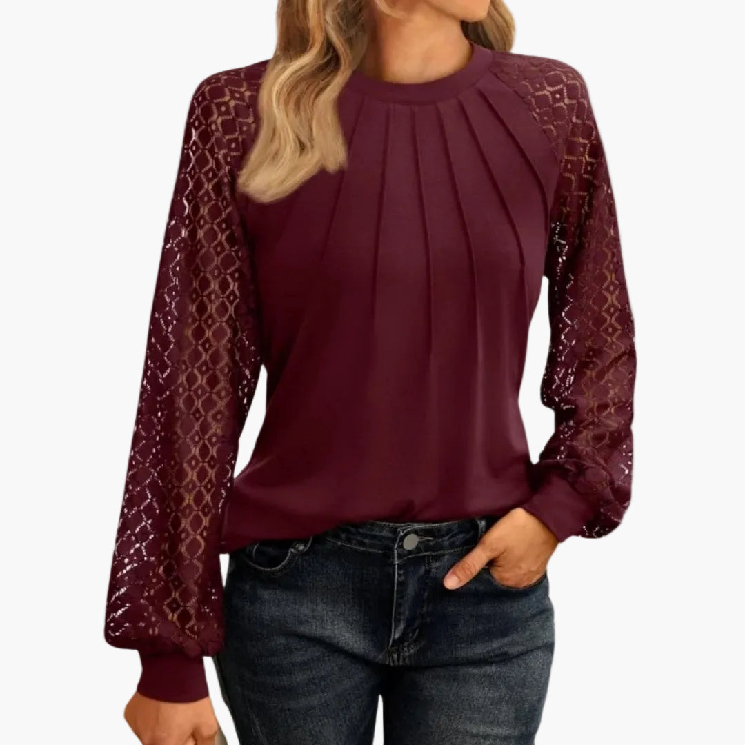 Damen Bluse mit Spitzenärmeln und Falten-Design – Elegante Freizeit- und Büro-Mode