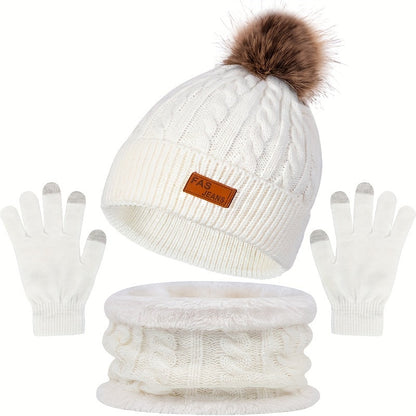 Wintermützen Set Strickmütze Beanie Pompon Schal Handschuhe Touchscreen