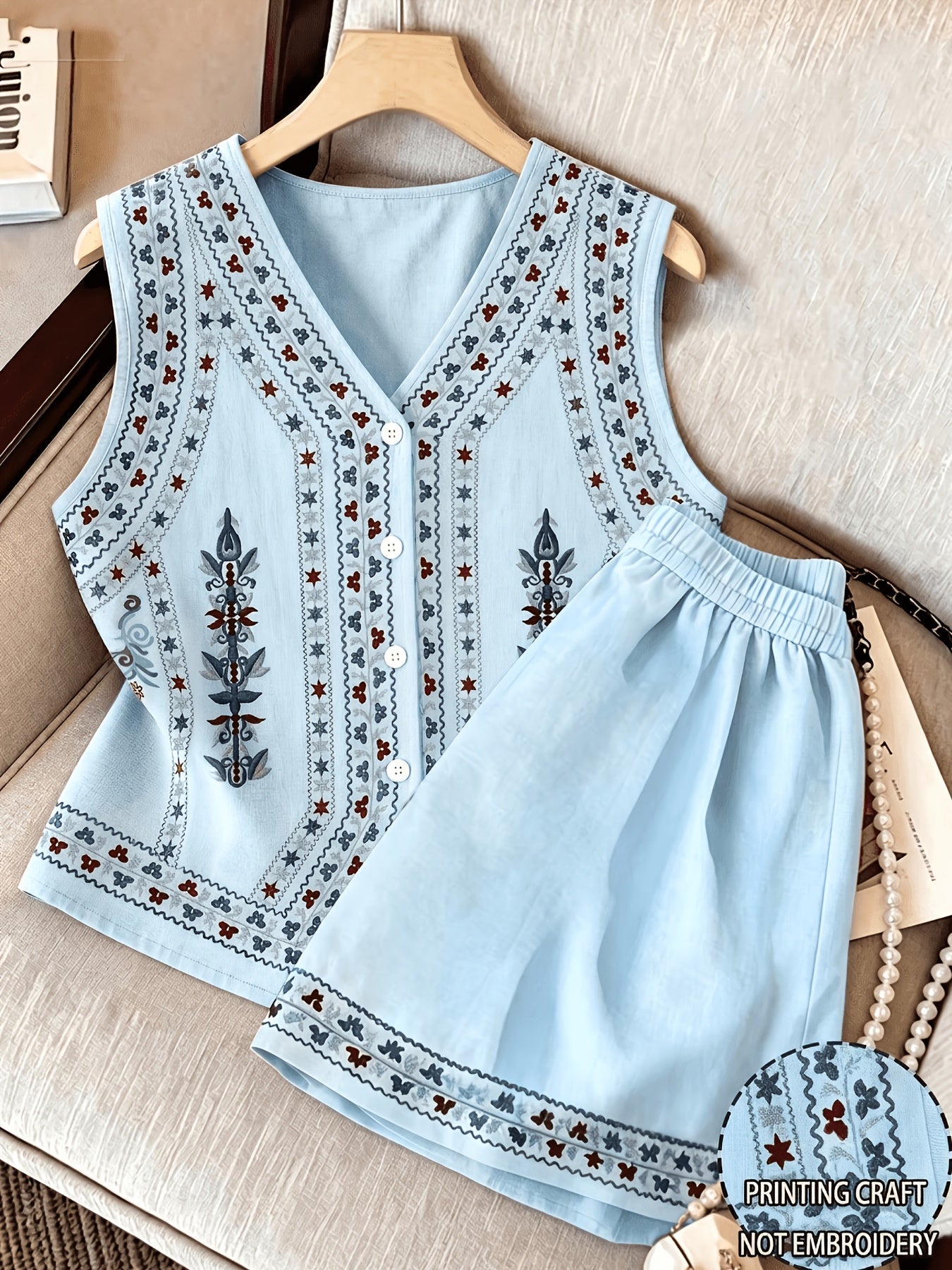 Damen Kurzarm Blusen-Set mit Shorts, bestickt, V-Ausschnitt, Freizeit Zweiteiler