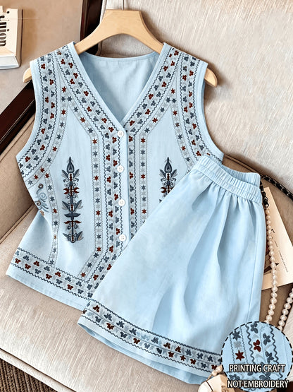 Damen Kurzarm Blusen-Set mit Shorts, bestickt, V-Ausschnitt, Freizeit Zweiteiler
