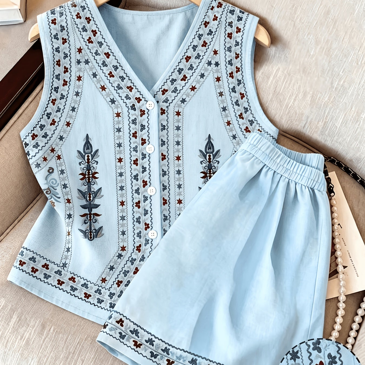 Damen Kurzarm Blusen-Set mit Shorts, bestickt, V-Ausschnitt, Freizeit Zweiteiler