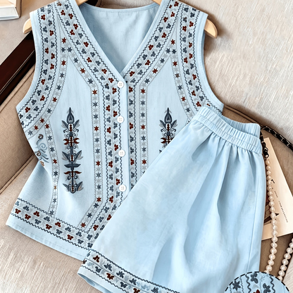 Damen Kurzarm Blusen-Set mit Shorts, bestickt, V-Ausschnitt, Freizeit Zweiteiler