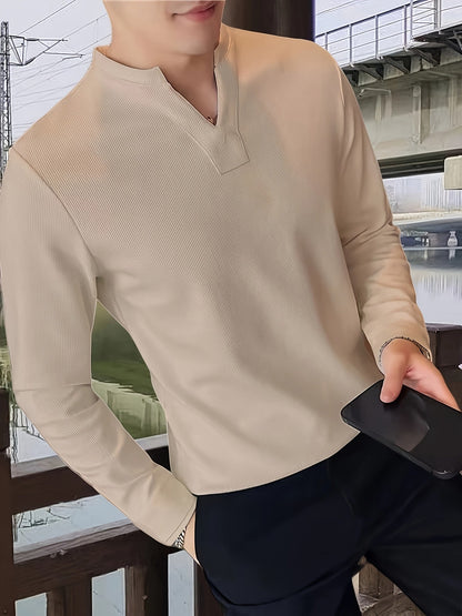 Herren Langarmshirt Henley Kragen Gerippt Weiß Freizeitshirt