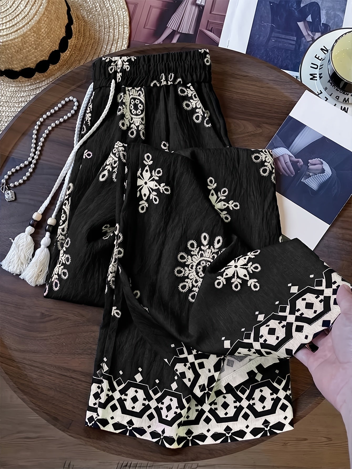 Damen Palazzo-Hose mit Boho-Stickerei und lässigem Schnitt