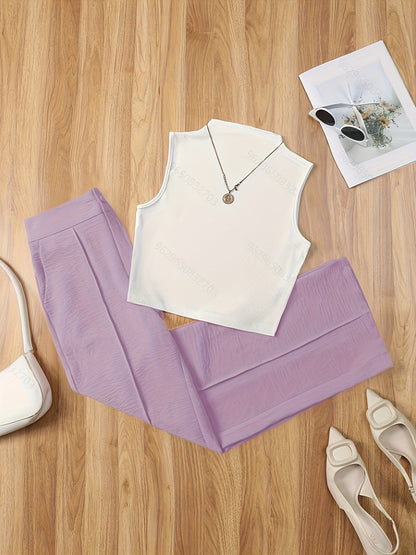 Damen Elegantes Set – Ärmelloses Oberteil mit Stehkragen und Weite Hose, Perfekt für Büro & Freizeit