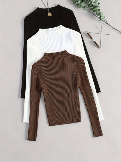 Damen Geripptes Langarm-Top mit Stehkragen, Stretch-Rippstrick-Pullover in verschiedenen Farben