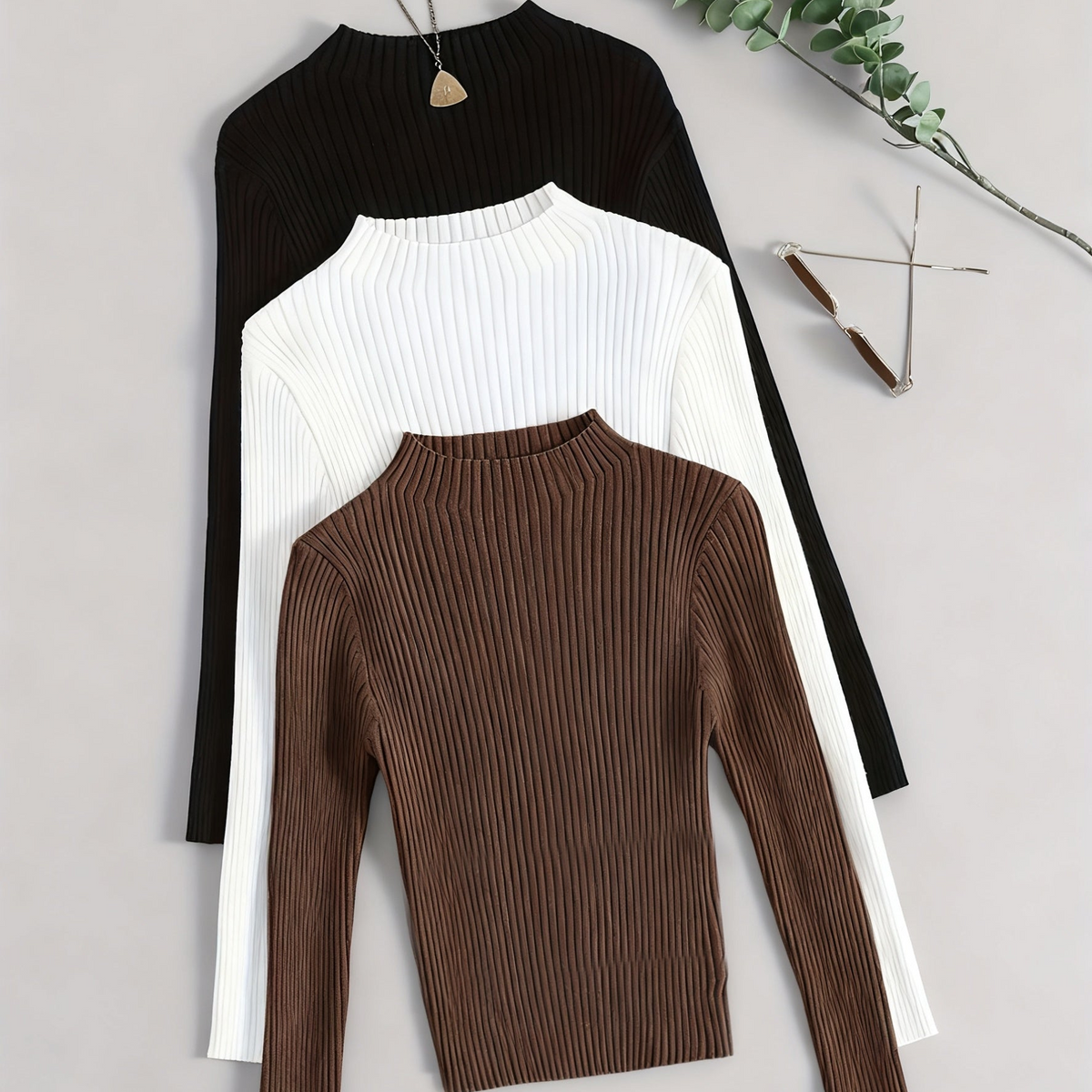 Damen Geripptes Langarm-Top mit Stehkragen, Stretch-Rippstrick-Pullover in verschiedenen Farben