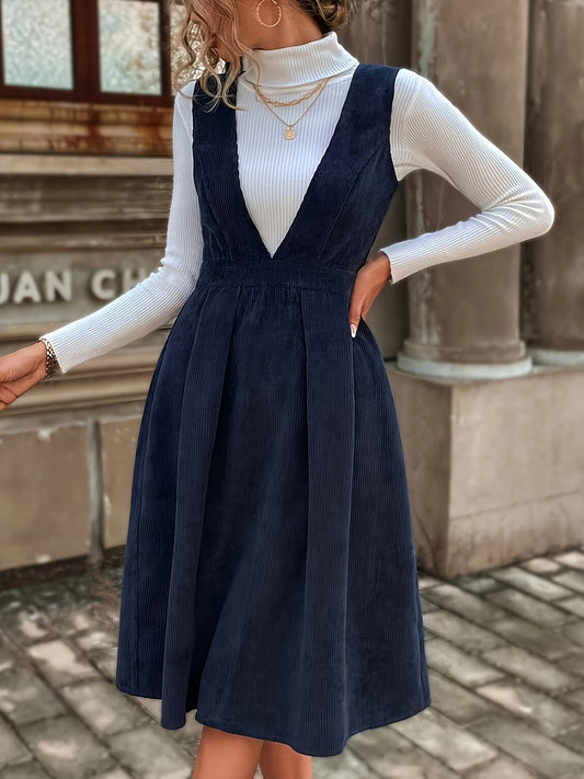 Damen Cord Latzkleid mit V-Ausschnitt – Navyblau