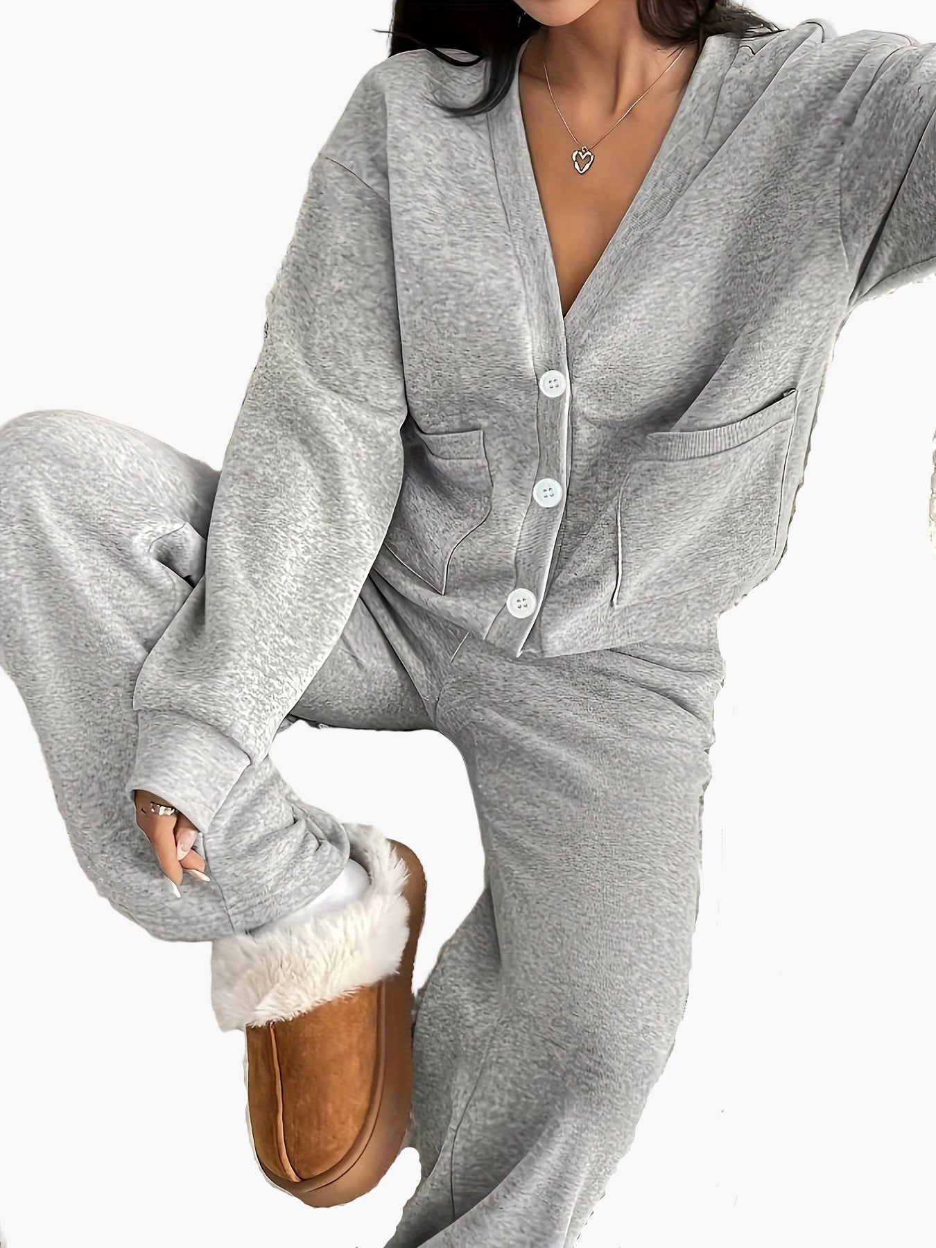Damen Kuschelige Freizeit Hausanzug Set – Loungewear mit Cardigan und Jogginghose