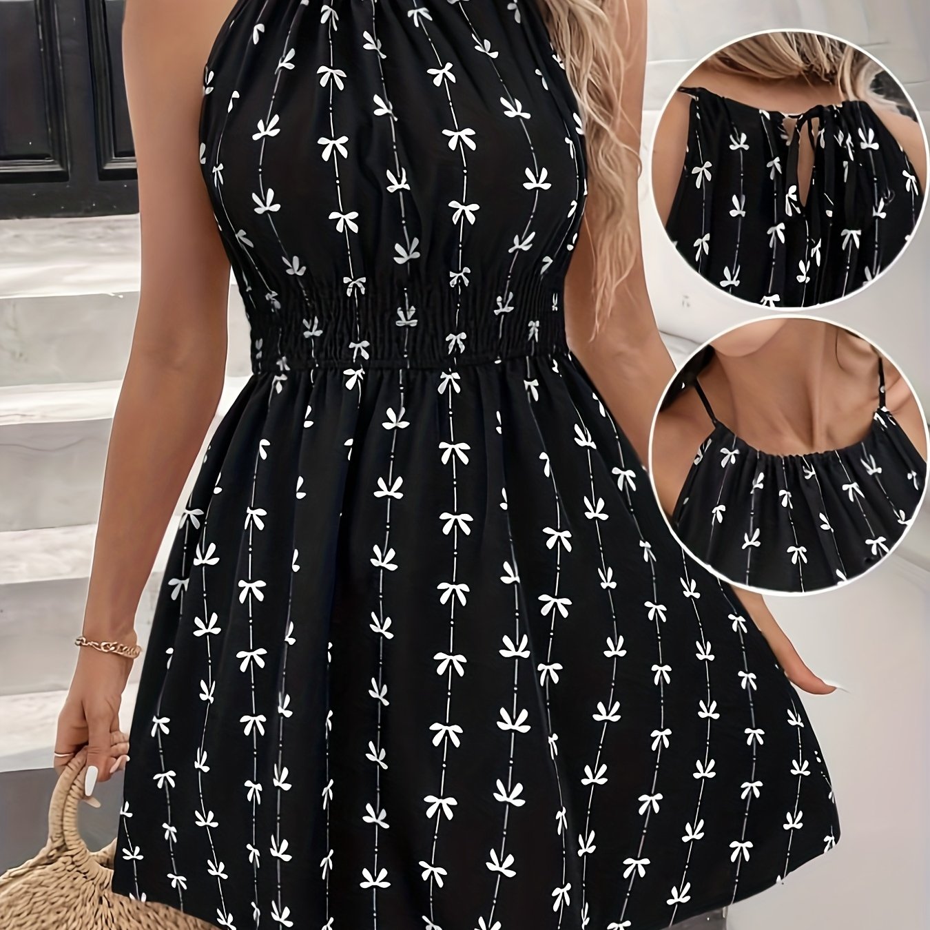 Damen A-Linienkleid mit Schleifenmuster und Neckholder – Elegant und Feminin für Alltag und Freizeit