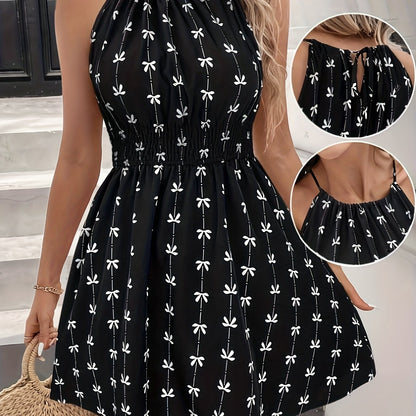 Damen A-Linienkleid mit Schleifenmuster und Neckholder – Elegant und Feminin für Alltag und Freizeit