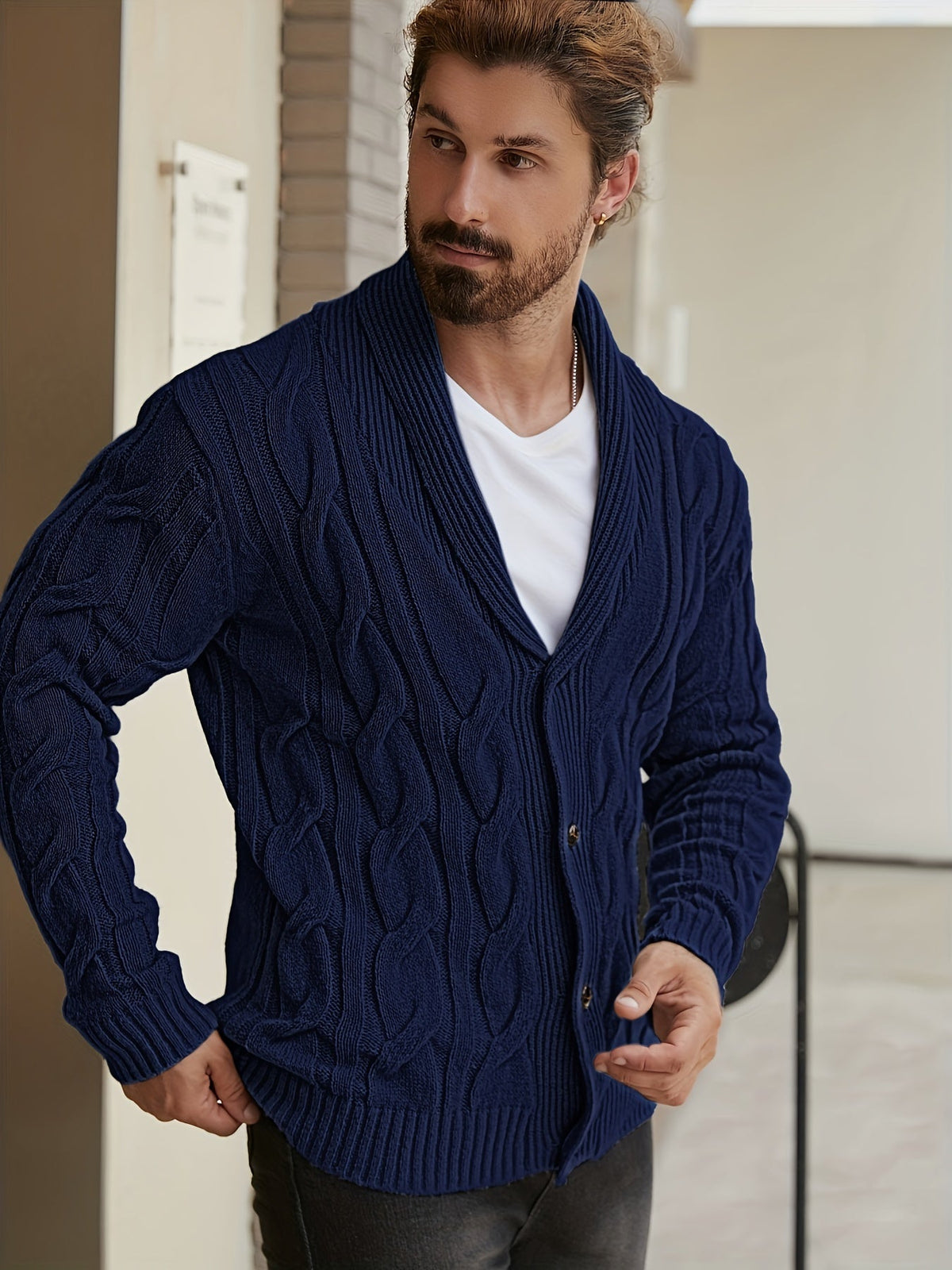 Herren Strickjacke Zopfmuster Schalkkragen Knopfleiste