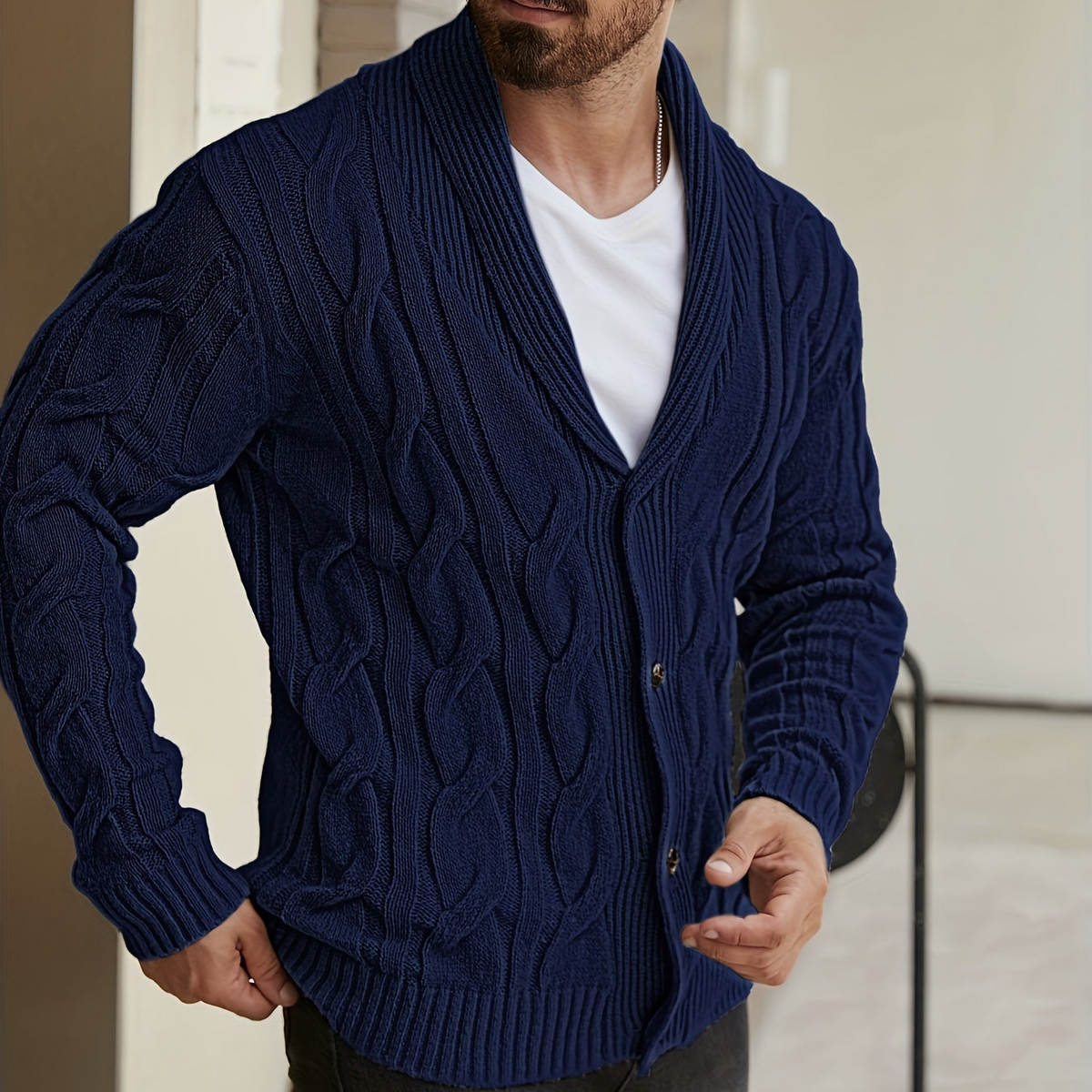 Herren Strickjacke Zopfmuster Schalkkragen Knopfleiste