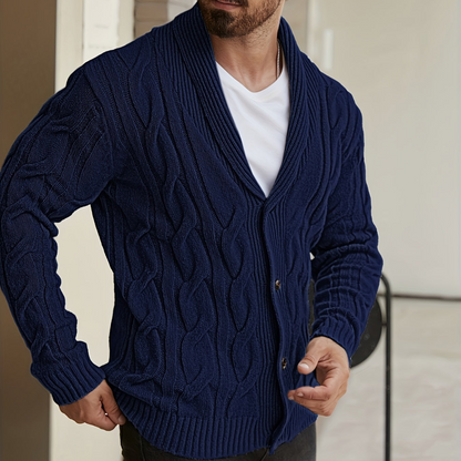Herren Strickjacke Zopfmuster Schalkkragen Knopfleiste