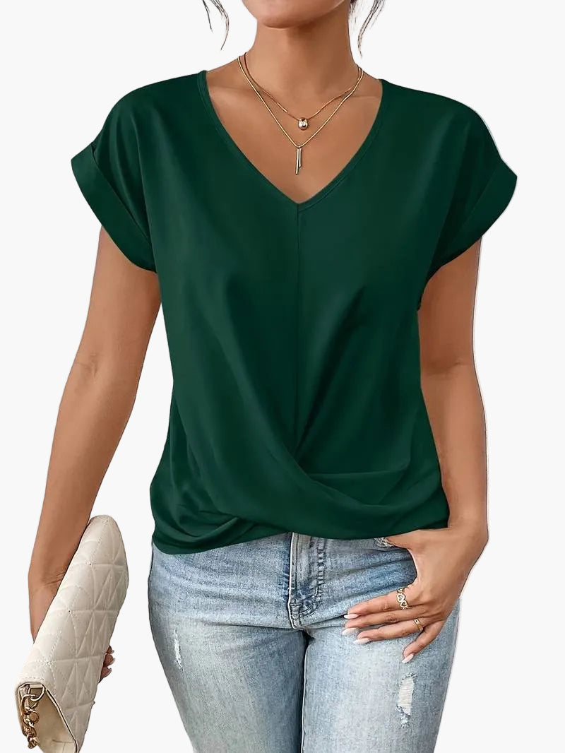 Damen Kurzarm V-Ausschnitt Bluse für Alltag und Büro, Lässige Mode mit Twist-Detail