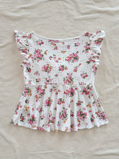 Damen Peplum-Bluse mit Blumenmuster und verspieltem Bindeband – Romantischer Vintage-Stil für Freizeit und Ausflüge