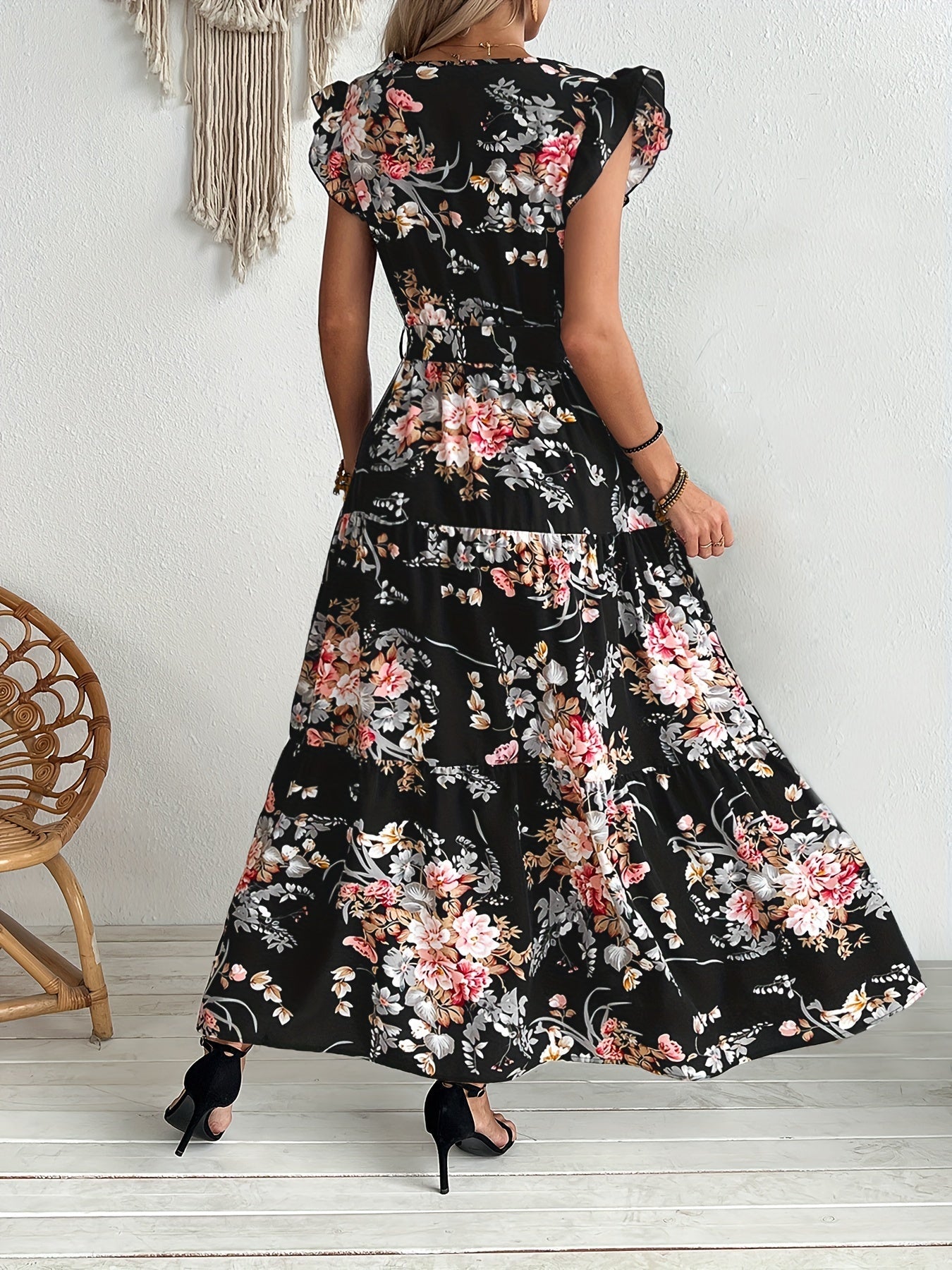 Damen Maxikleid mit Blumendruck und Gürtel – Elegantes Sommerkleid im Boho-Stil für Urlaub und Freizeit