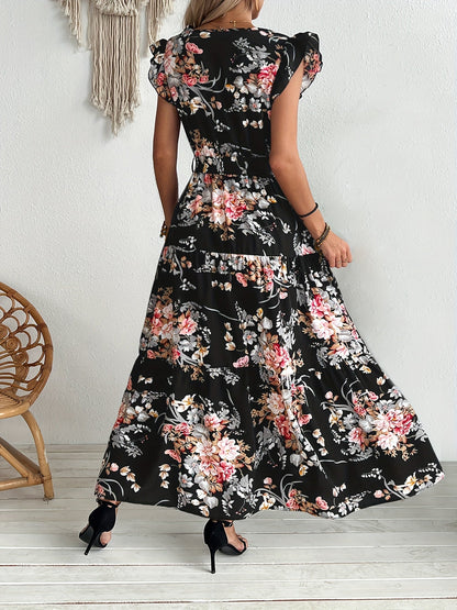 Damen Maxikleid mit Blumendruck und Gürtel – Elegantes Sommerkleid im Boho-Stil für Urlaub und Freizeit