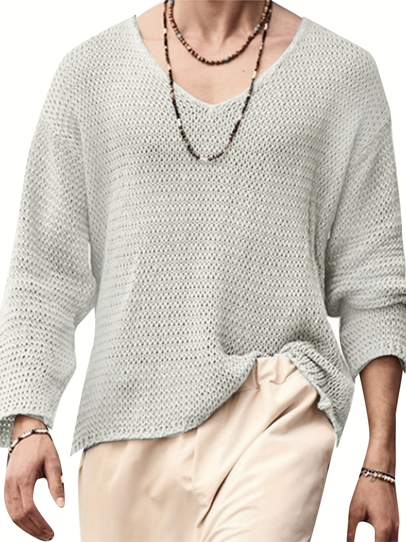 Herren Strickpullover V-Ausschnitt Lockerer Mesh-Look Freizeitpullover für Alltag und Urlaub