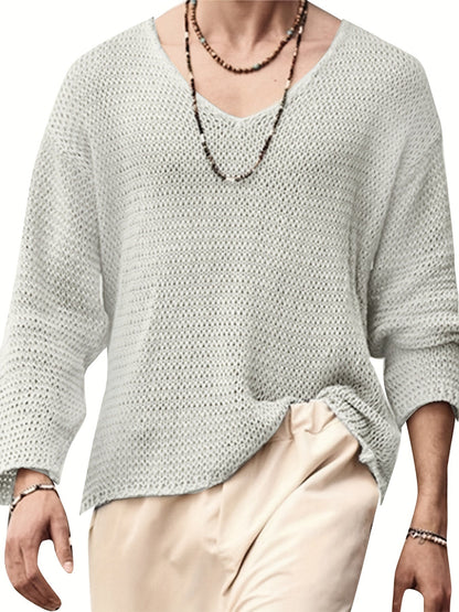 Herren Strickpullover V-Ausschnitt Lockerer Mesh-Look Freizeitpullover für Alltag und Urlaub