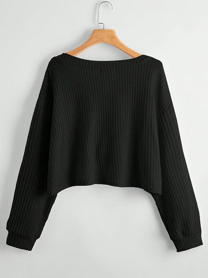 Damen Crop Pullover V-Ausschnitt Langarm Waffelstruktur Schwarz