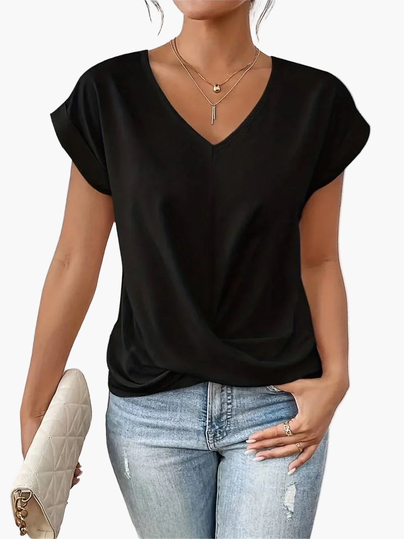 Damen Kurzarm V-Ausschnitt Bluse für Alltag und Büro, Lässige Mode mit Twist-Detail