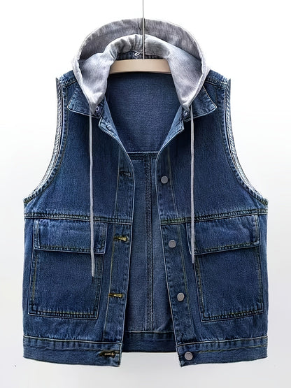 Damen Jeans Weste mit Kapuze, Ärmellose Denim Jacke in Blau