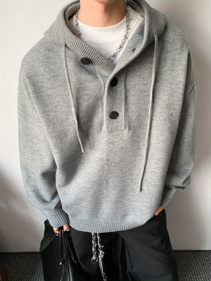 Herren Strick Hoodie Dunkelgrau mit Knopfleiste