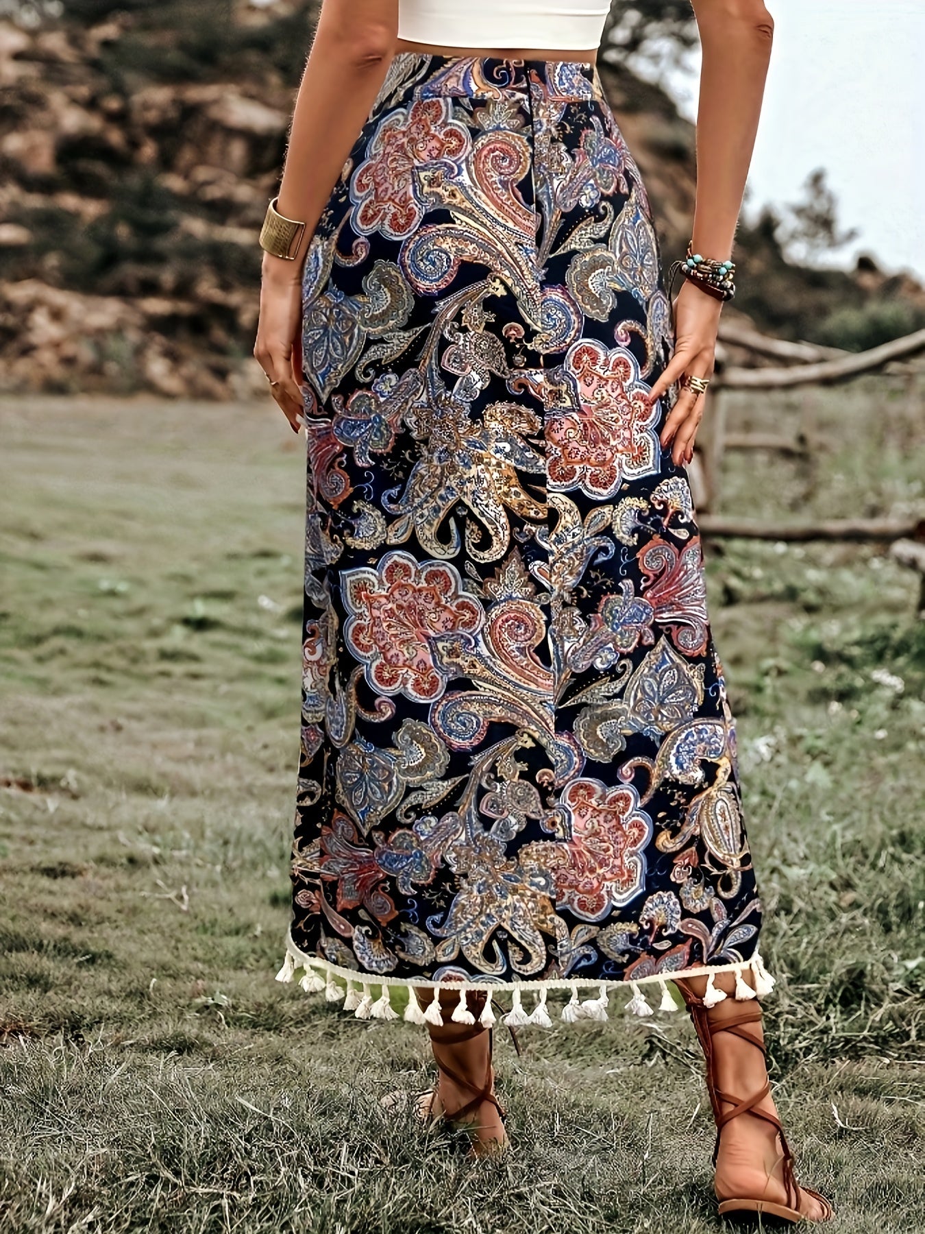 Damen Boho-Wickelrock mit Paisley-Muster und Quasten, Midi, Vintage-Stil, Elegant für Freizeit und Urlaub