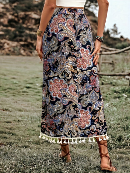 Damen Boho-Wickelrock mit Paisley-Muster und Quasten, Midi, Vintage-Stil, Elegant für Freizeit und Urlaub