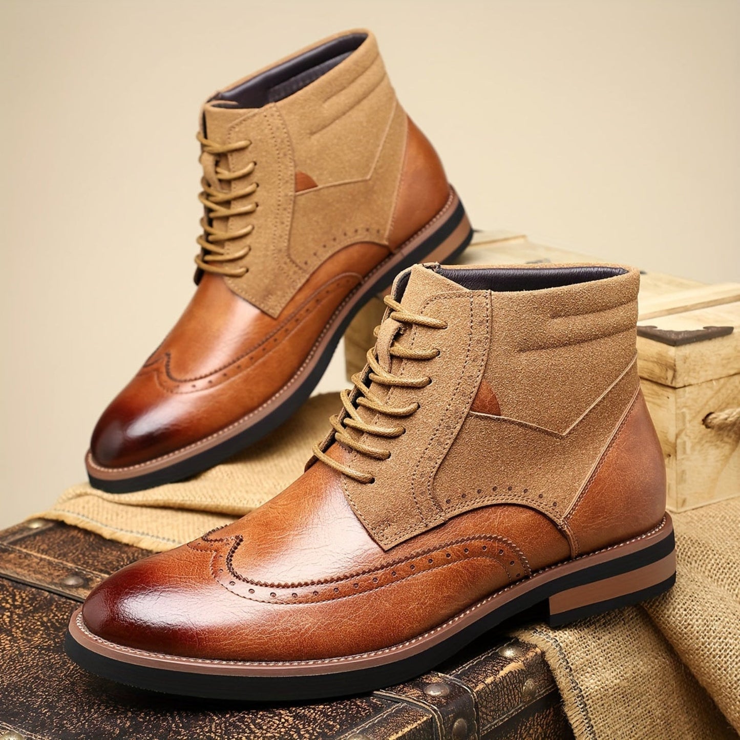Herren Brogue Stiefel mit Schnürung, Ankle-High, Zweifarbiger Look