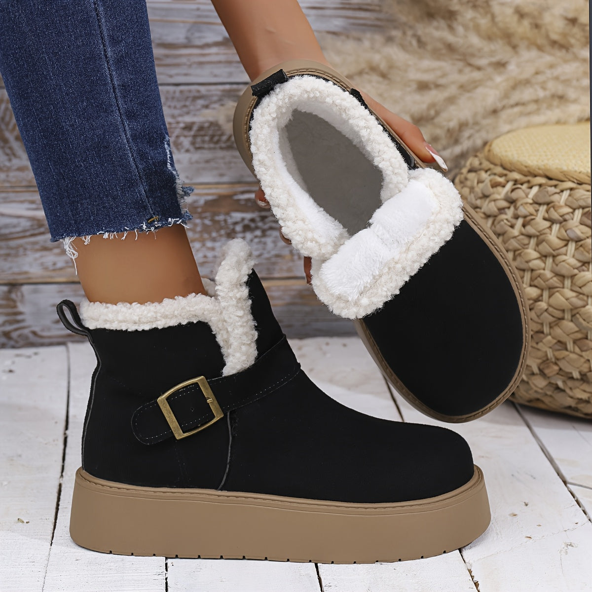 Damen Plateauschuh Winterstiefelette Schwarz mit Kunstfellfutter & Schnalle