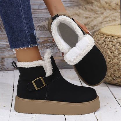 Damen Plateauschuh Winterstiefelette Schwarz mit Kunstfellfutter & Schnalle