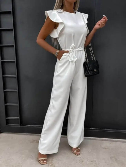 Damen Jumpsuit Elegant mit Gürtel und Volantärmeln – Modischer Einteiler für Büro & Freizeit