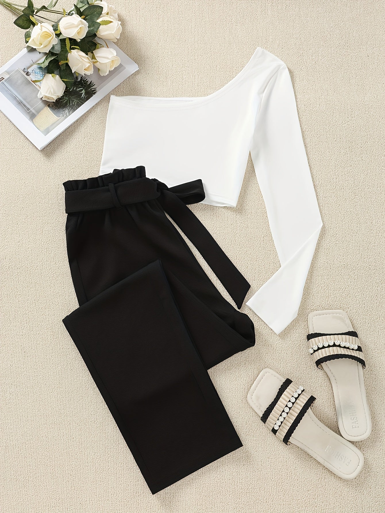 Damen Elegante Off-Shoulder Bluse mit Gürtelhose – Perfekt für Büro und Freizeit