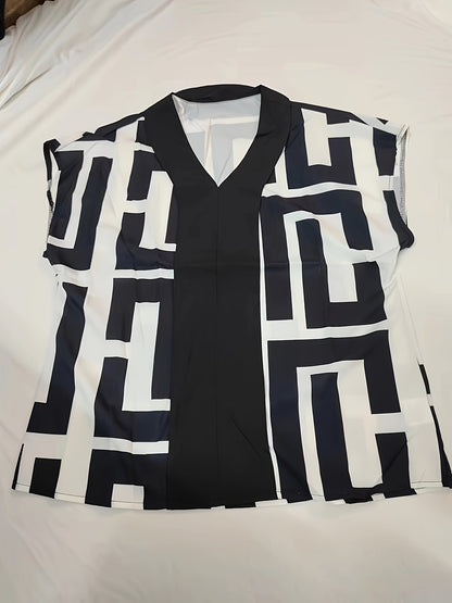 Damen Bluse mit grafischem Muster und V-Ausschnitt – Elegant für Büro und Freizeit