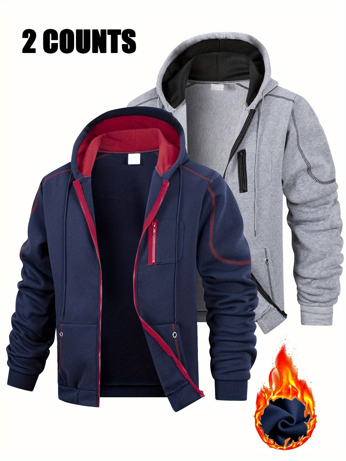 Herren Hoodie mit Reißverschluss 2er-Set, Kontrastnähte & Kapuze, Sport Freizeit