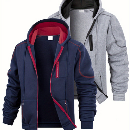 Herren Hoodie mit Reißverschluss 2er-Set, Kontrastnähte & Kapuze, Sport Freizeit