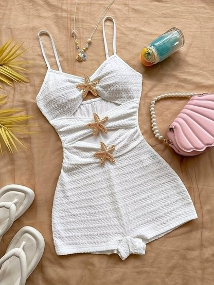 Damen Jumpsuit Einteiler mit Sternverzierung – Strandurlaub, Modernes Cut-Out Design, Romantischer Sommer-Look