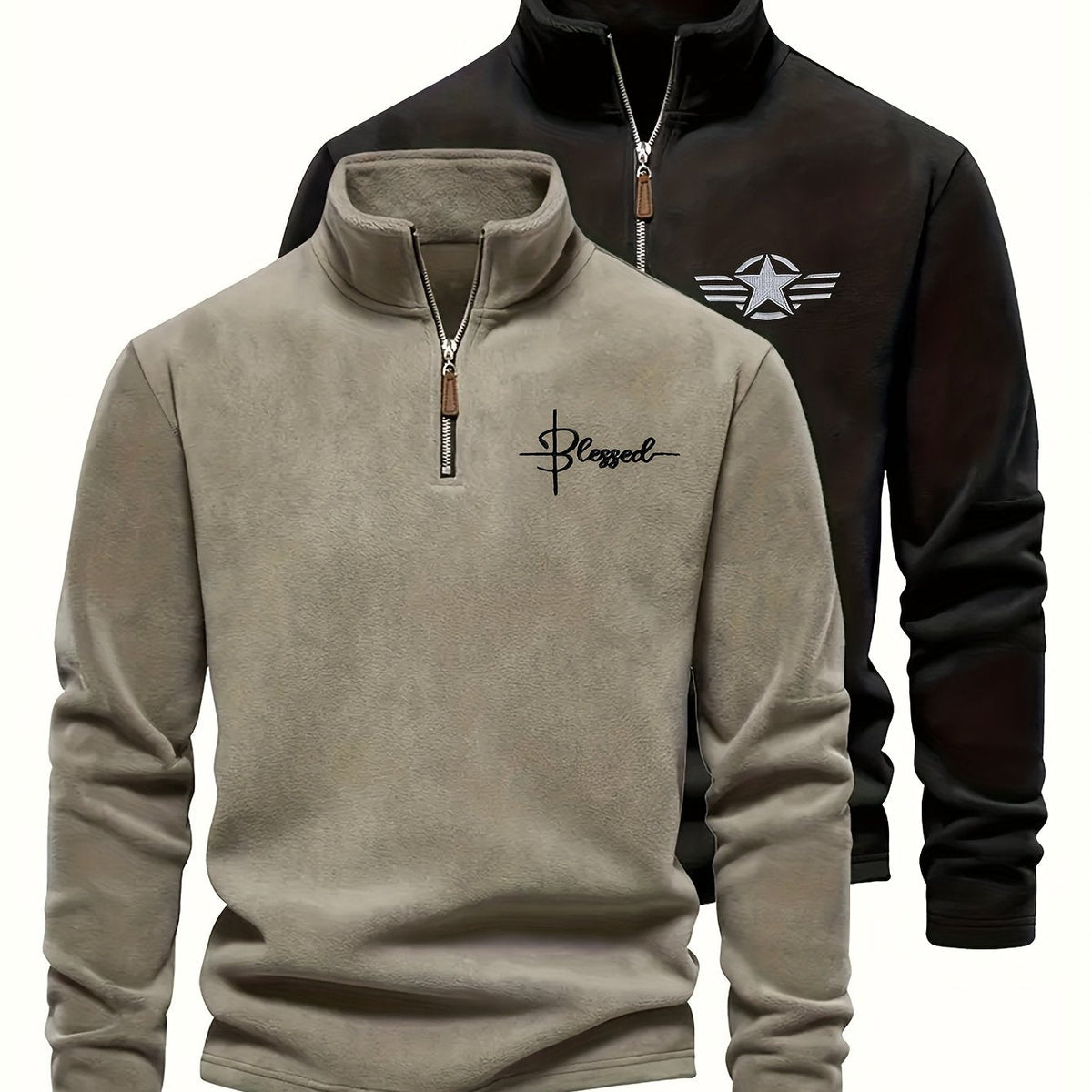 Herren Fleece Pullover Set mit Stehkragen und Reißverschluss, Khaki und Schwarz