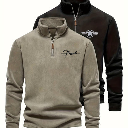 Herren Fleece Pullover Set mit Stehkragen und Reißverschluss, Khaki und Schwarz
