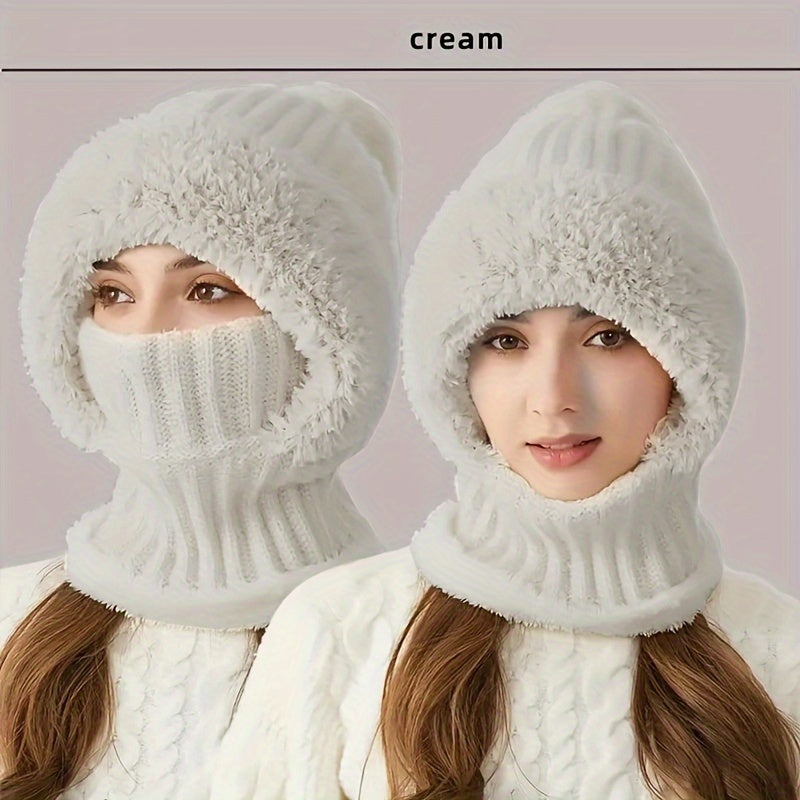 Winter Beanie mit Fleece-Futter und Halswärmer – Gestrickte Mütze mit abnehmbarer Gesichtsmaske, Pompon und Pelzbesatz