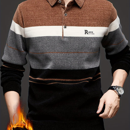 Herren Winter Polo-Pullover mit Kragen, gestreiftes Design und warmem Innenfutter