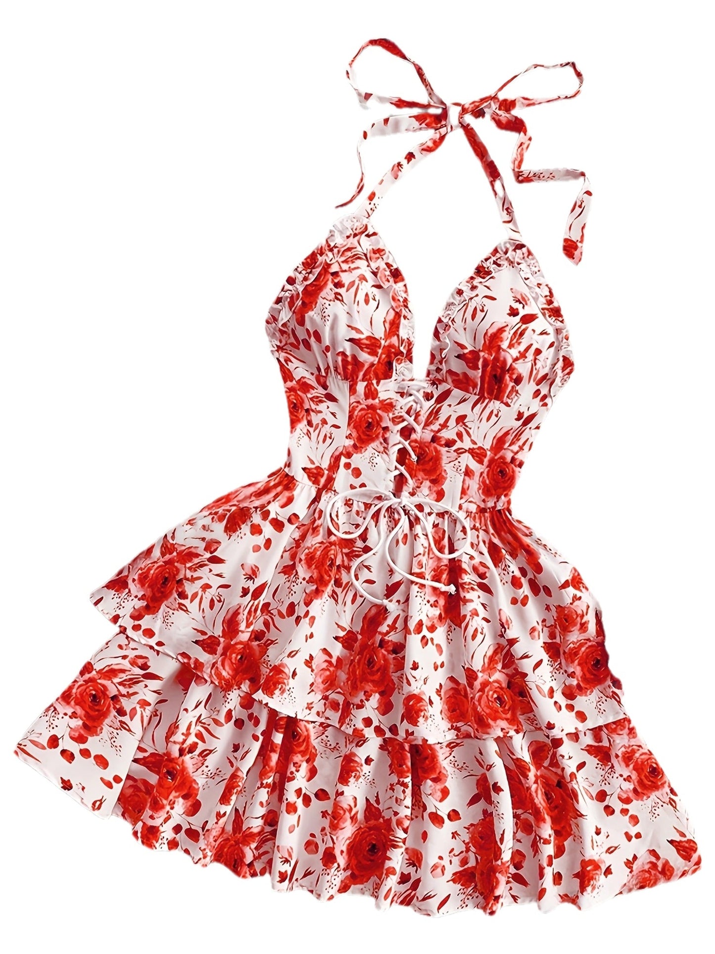 Damen Volant-Minikleid mit Rosenmuster und Schnürung – Sommer, Elegant, Festlich